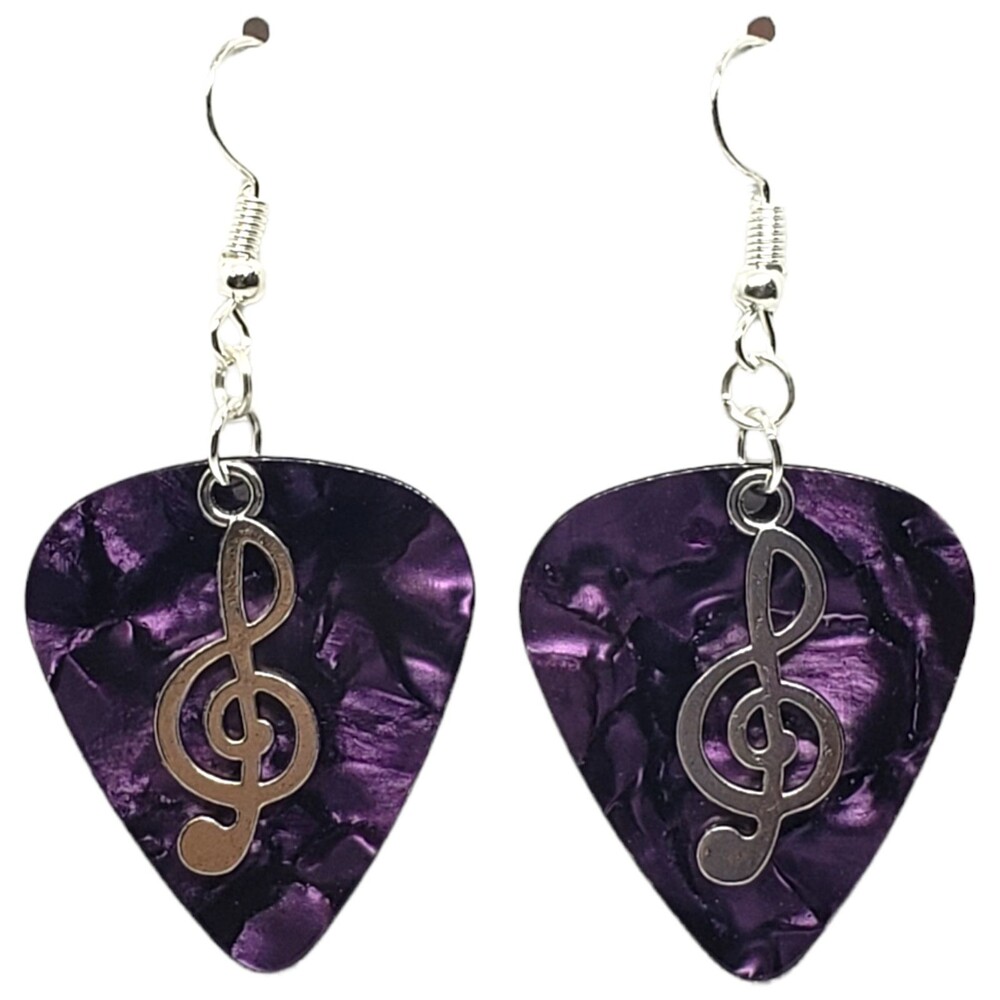Lg Treble Clef Music Charm on Guitar Pick Earrings - Choose Color - Handmade USA